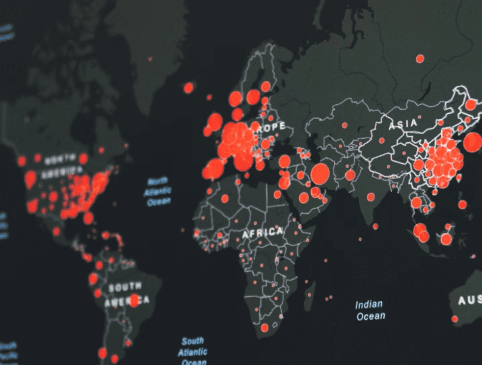 Dark black and gray map showing areas with Covid-19