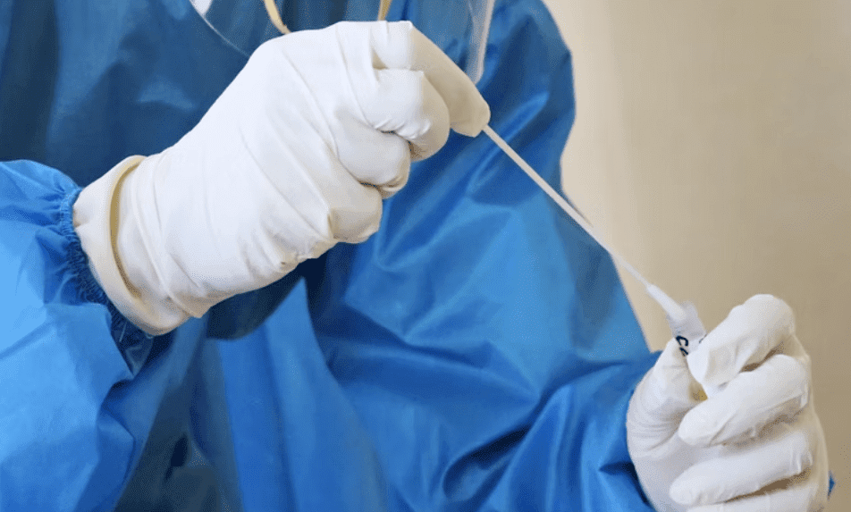 Someone wearing white gloves holds a Covid test