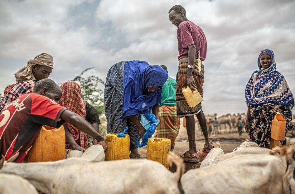 A group of people stand near yellow water jugs
