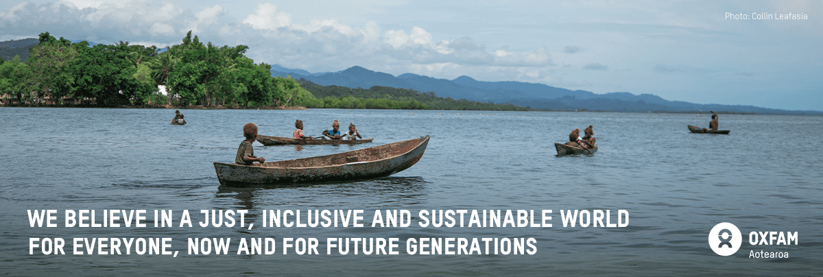 Image of boats at sea, with text 'We believe in a just, inclusive and sustainable world for everyone, now and for future generations.'