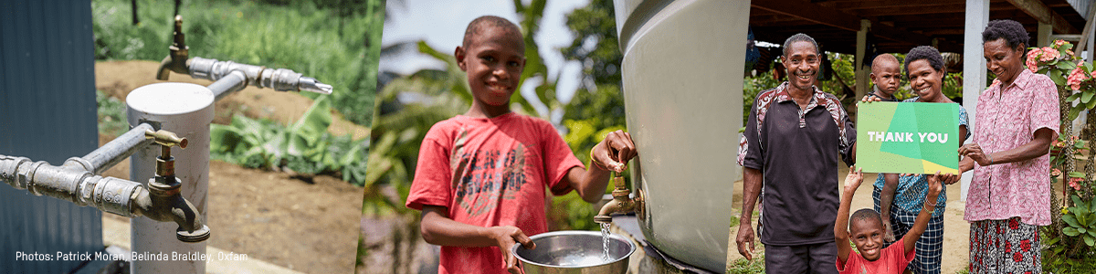 three images: water tap, kid filling bucket with water, family holding Oxfam sign that says thank you