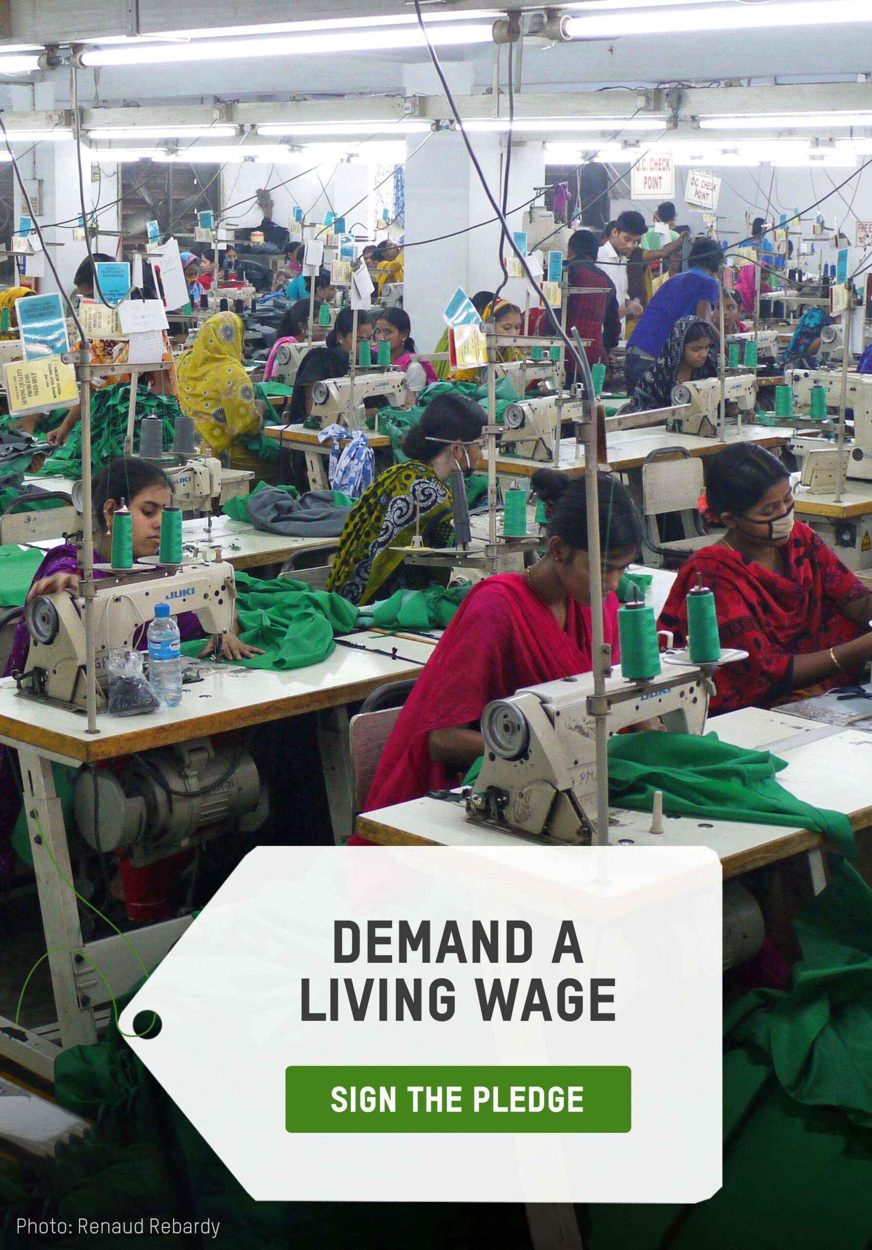 Demand a living wage infographic. Image of women making clothes in sweatshop