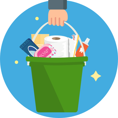 basic essentials kit in bucket: toothpaste, toilet paper, soap, toothbrush