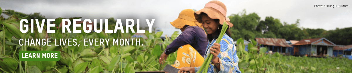 Banner with text "give regularly - change lives, every month. learn more"