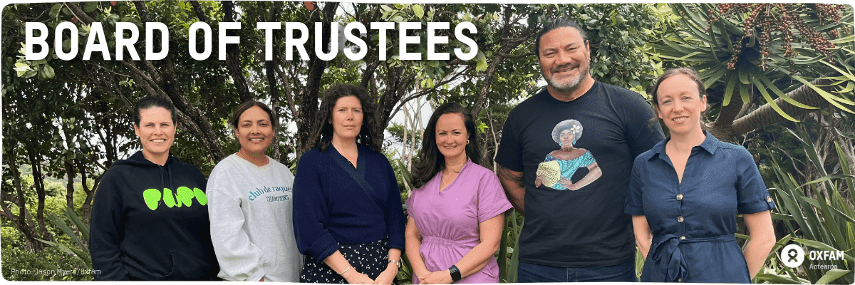 Banner with text, Board of Trustees. The six board of trustees stand in front of native bush in casual clothing.