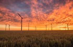 windmills during sunset